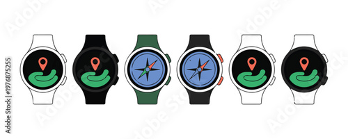 Modern smartwatches with different watch faces featuring navigation compass and location pin icons on transparent background.