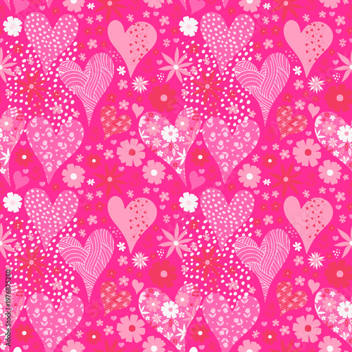 Valentine's day seamless pattern with different hearts and flowers in pink colors.	
