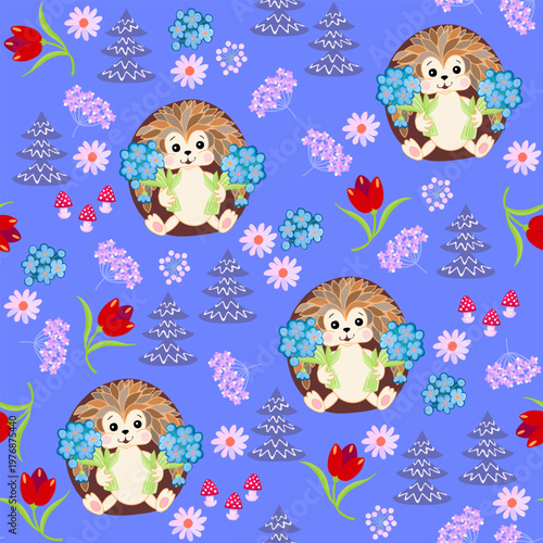 Cute hedgehogs with bouquets among fir trees and flowers. Childish seamless pattern.