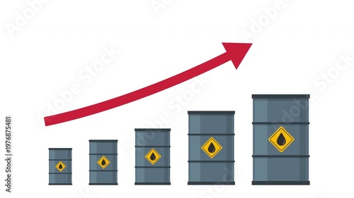Oil barrels with red arrow points upward, Gasoline prices increase
