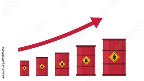 Oil barrels with red arrow points upward, Gasoline prices increase