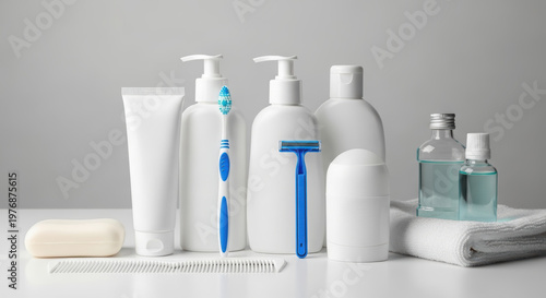 Collection of personal care products including bottles, toothbrush, razor, soap, and towel arranged neatly on a white surface, showcasing hygiene essentials and minimalist design