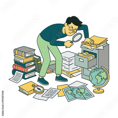 Man searches through files and books with a magnifying glass indoors
