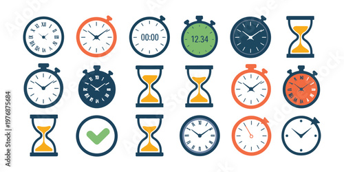 Various clock and hourglass icons with timers, calendars, and checkmarks on transparent grid background vector set.