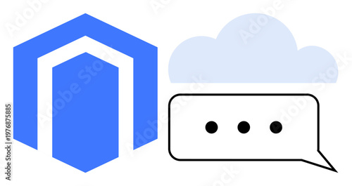 Cloud storage, data communication, online messaging, technology networks, digital security, remote systems. A text bubble with dots and a hexagonal emblem next to a cloud. Cloud storage and data