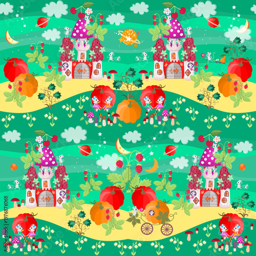 Fairytale landscape with castle, pumpkins, strawberry bushes and flowers, and cute mice characters. Beautiful seamless pattern. Print for kids fabric, carpet, blanket, curtains, wallpaper
