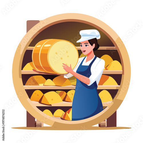 Woman displays large cheese wheel in a cheese storage room cartoon illustration