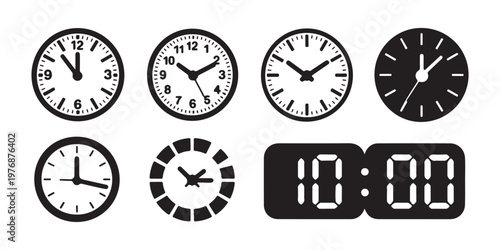 Set of eight black clock icons featuring different styles for analog and digital time display.