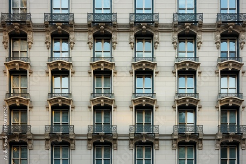Classical building facade featuring rows of identical windows and decorative wrought iron balconies