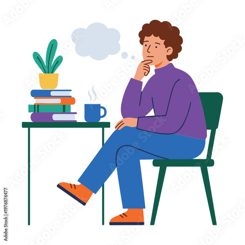 A man sits on a chair with a thought bubble looking at books on a table with a coffee cup and plant.