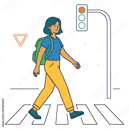 A woman crosses the street with a backpack on at a traffic light.