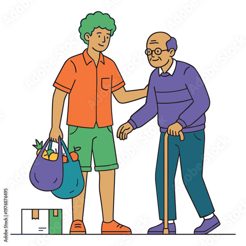 A young man assists an elderly man with a bag and cane on a sidewalk.