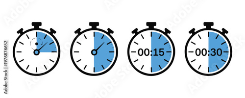 Stopwatch timer icons showing progress intervals for fifteen and thirty minutes with blue highlight segments.