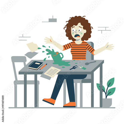 Woman spills green liquid from a teapot onto a cluttered table and floor indoors.