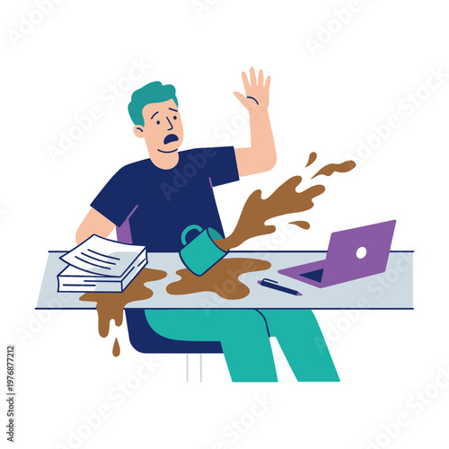 Man reacts as coffee spills on his laptop and papers at desk