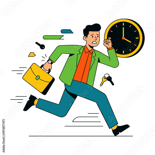 Man rushes to work with briefcase and clock
