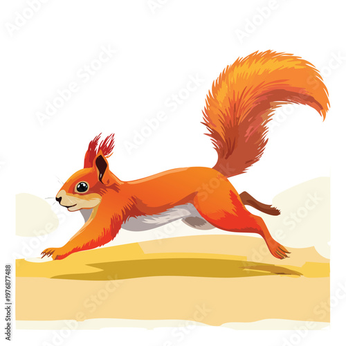 Cartoon squirrel in motion with orange fur and fluffy tail isolated