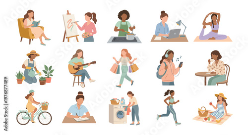 Women Daily Activities Lifestyle Scene Collection Illustration