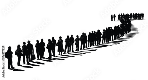 Large group of people standing in a long line with shadows on the ground behind them