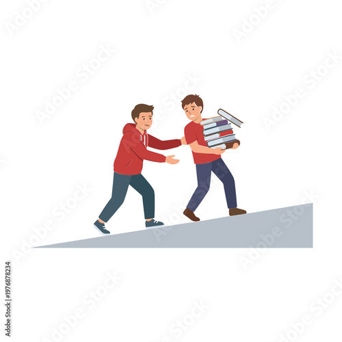 Two men struggling to carry books up a steep slope together