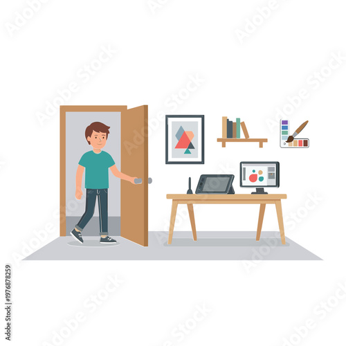 Man enters office room with desk computer and books on shelf
