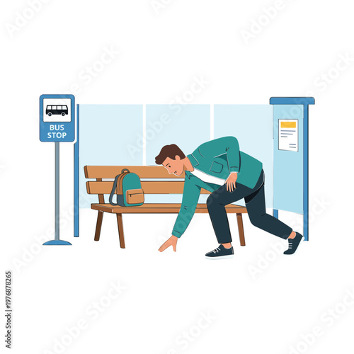 Man bending over to pick up belongings at a bus stop