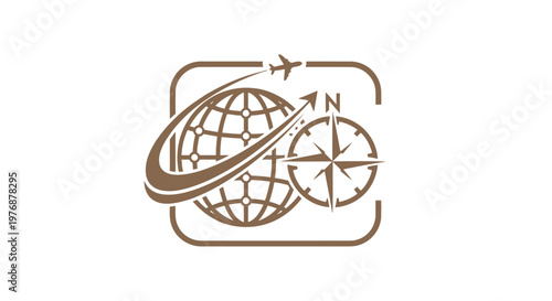 Travel and Tourism Logo Featuring Globe, Compass, and Airplane.