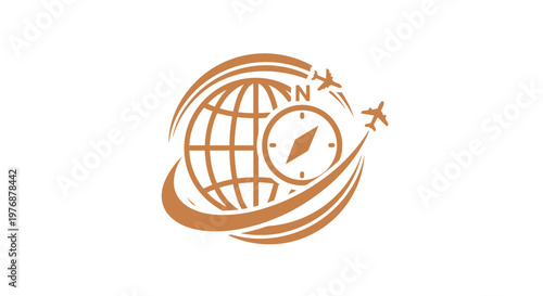 Travel and Tourism Logo Featuring Globe, Compass, and Airplane Elements.