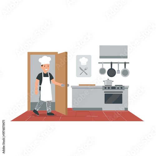 A chef enters a modern kitchen with appliances and cookware indoors.