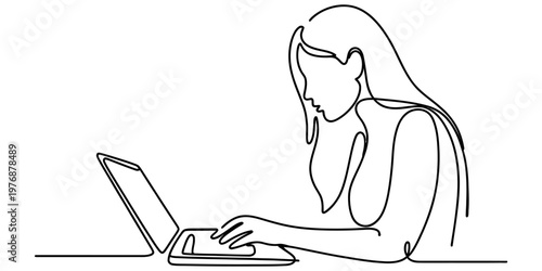 A minimalist single continuous line drawing of a woman working diligently on her silver laptop