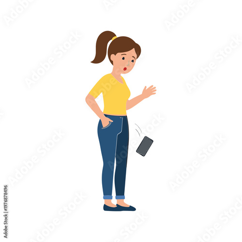 Woman presents with phone in hand standing confidently indoors.