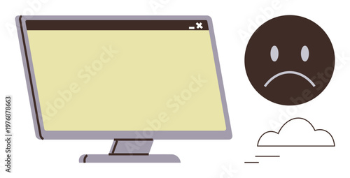 Technology problems, emotions, internet issues, software bugs, online frustrations, human error. A monitor with a blank screen, sad face icon and cloud. Technology problems and emotions concept