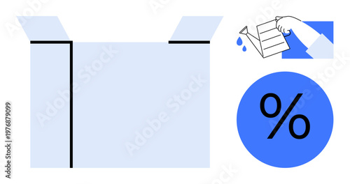 Online shopping, logistics, product packaging, discounts, shipping services, business promotion. Open box, hand pouring liquid percentage symbol in blue. Online shopping and product packaging