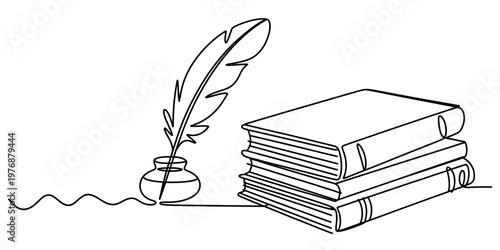 A single continuous line drawing of a stack of books alongside an inkwell with a quill pen tool