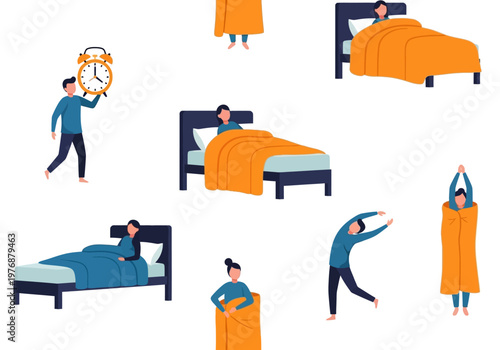 Flat Illustration Vector Set of People in Morning Routine and Sleep Cycle, Including Characters Waking Up, Stretching, and Sleeping in Bed