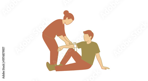 First aid worker applying bandage to injured person's leg in emergency situation