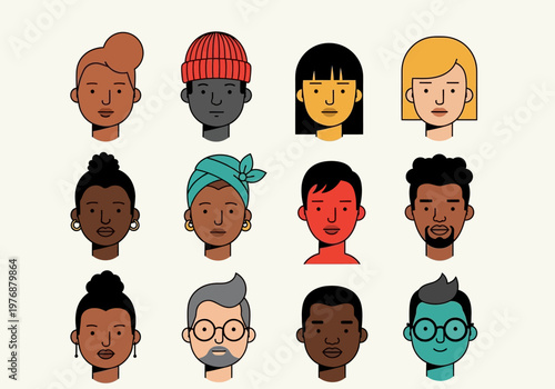 Diverse Avatar Collection of Minimalist Flat Human Face Icons Representing Global Inclusion and Community Diversity