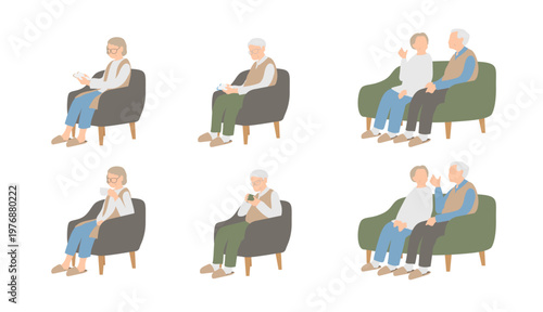 シニアの日常・室内生活シーンセット 椅子でくつろぐ高齢者のライフスタイルイラスト素