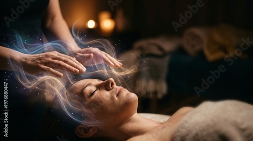 Healer performing energy therapy on woman. Spiritual practitioner balancing energy field above girl head. Alternative medicine, meditation, stress relief, relaxation, mindfulness, holistic wellness.