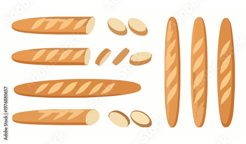 Baguette bread icon collection vector bakery loaf and slices isolated on white background
