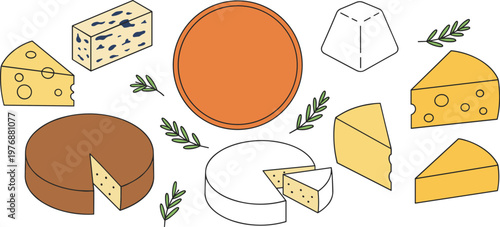 Vector illustration of assorted cheeses including wedges, blocks, wheels, and pyramid shapes