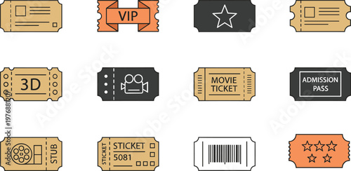 Vector illustration of assorted tickets including movie, VIP, admission, and event passes