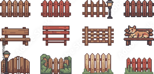 Pixel art wooden fence and garden bench collection, vector set for retro game design and landscaping