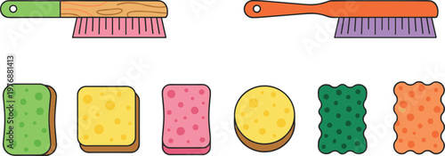 Vector illustration of colorful cleaning brushes and sponges in household designs