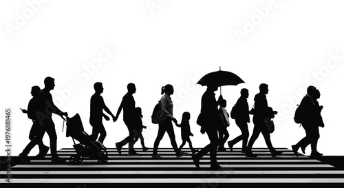 Silhouettes of people walking across a crosswalk in an urban setting with a white background