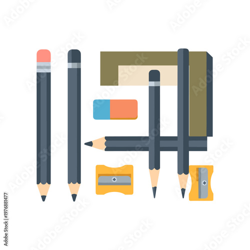 Collection of various drawing and writing tools flat design style art supplies set including pencils erasers rulers and sharpeners school stationery kit.