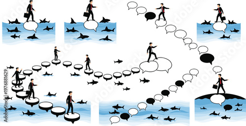 Businessman Navigating Speech Bubbles Over Water with Sharks, Metaphor for Communication, Risk, and Decision-Making Illustration