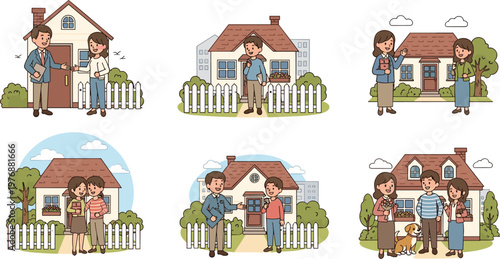 Family and Couple Illustrations in Front of Homes, Residential Life, Real Estate, and Neighborhood Designs for Homeownership and Community