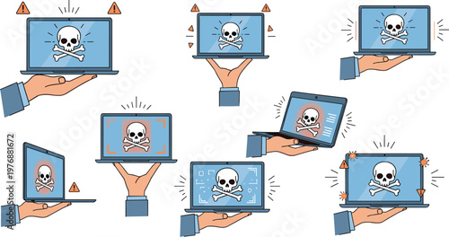 Laptop with Skull and Warning Icons, Cybersecurity Threats and System Error Illustration, Virus, Malware, and Data Protection Concept