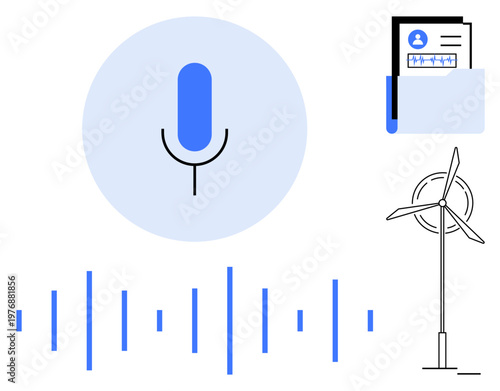 Voice technology, renewable solutions, digital identity, data security, innovation, eco-consciousness. Microphone icon, soundwave wind turbine and document folder. Voice technology and renewable
